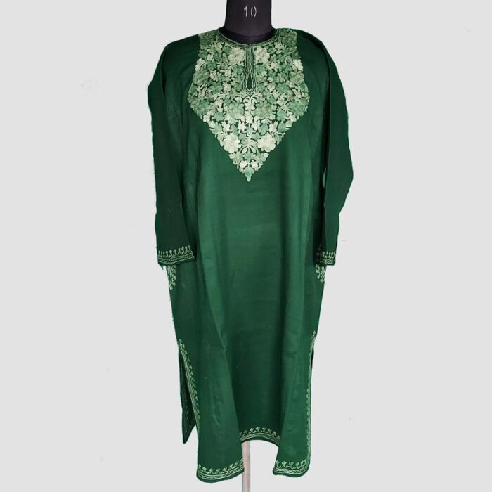 Dark Green Raffal Aari Work Pheran - Image 2