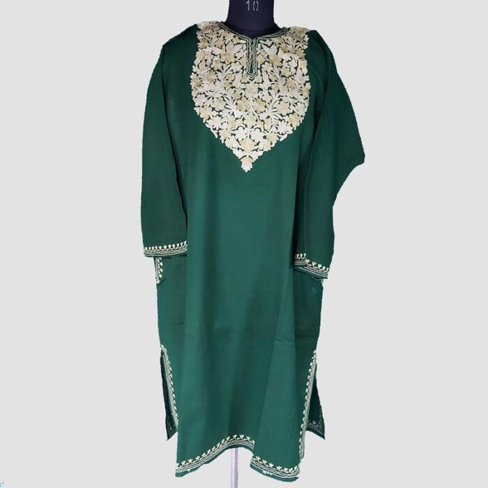 Dark Green Raffal Floral Aari Work Pheran - Image 2