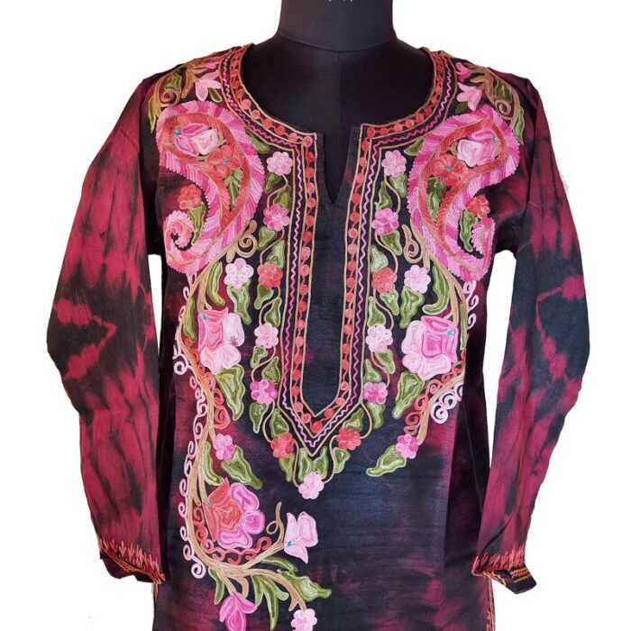 Wine Black Silk Aari Work Kurta