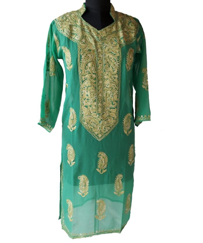 Green Georgette Aari Work Kurta - Image 2