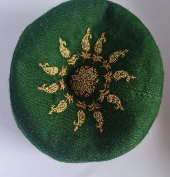 Green Pure Pashmina Sozni Cap - Image 2