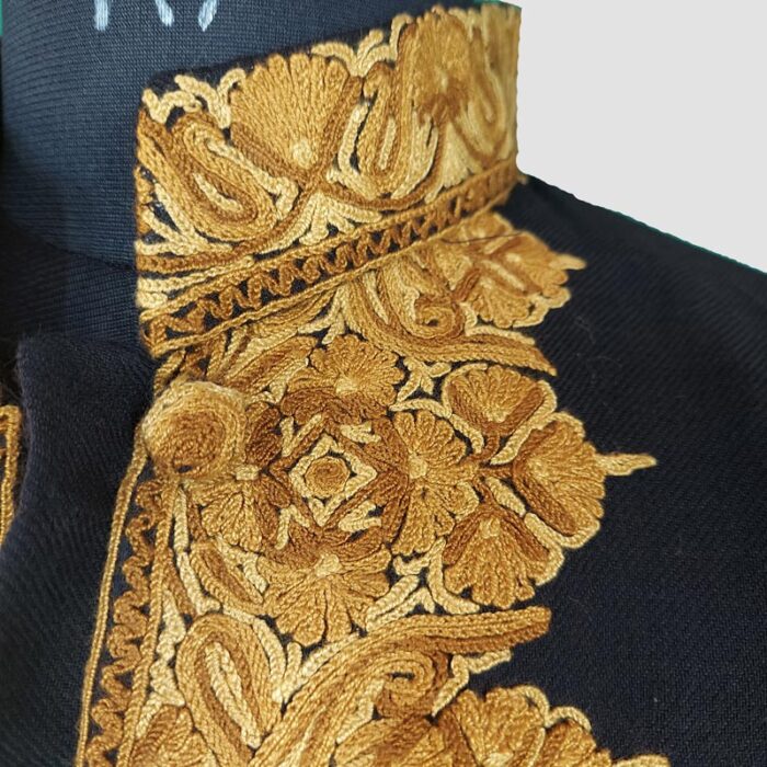 Black Semi Pashmina Kashmiri Coat With Hand Aari Work - Image 3