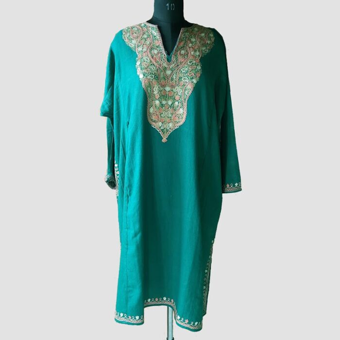 Green Raffal Hand Aari Work Pheran - Image 2