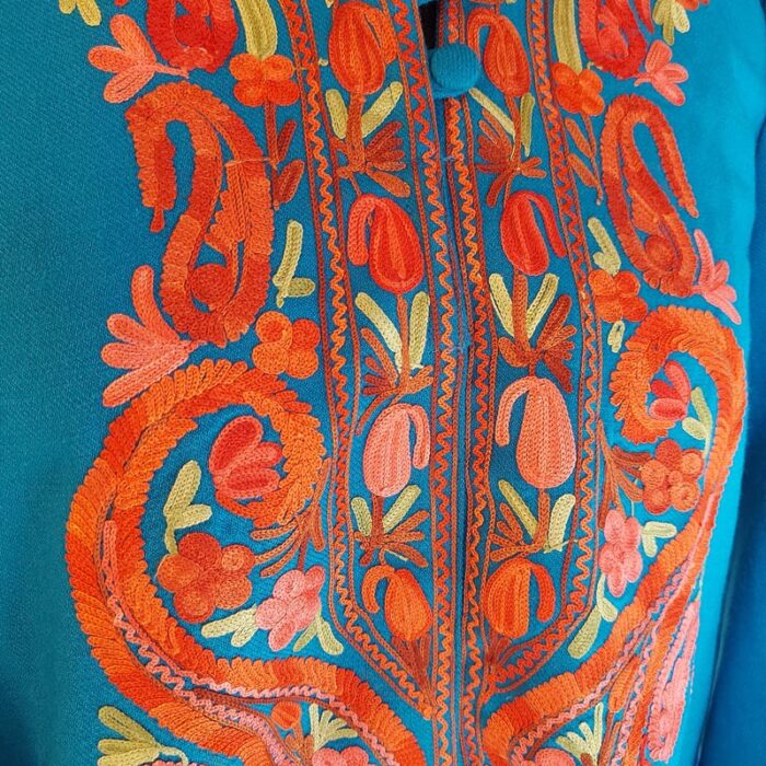 Blue Cashmilon Aari Emroidered Kurta with Collar - Image 3