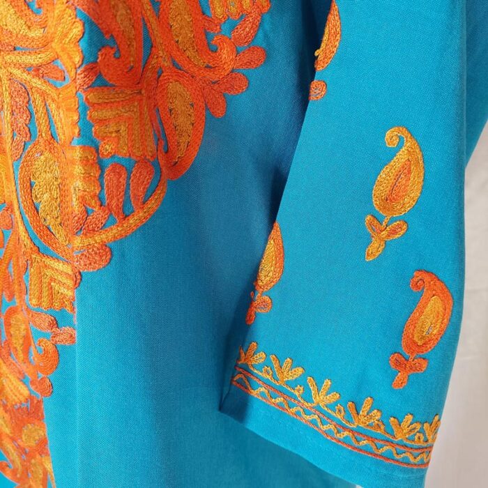 Blue Summer Cool Harud Rang Aari Work Kurta - Image 3