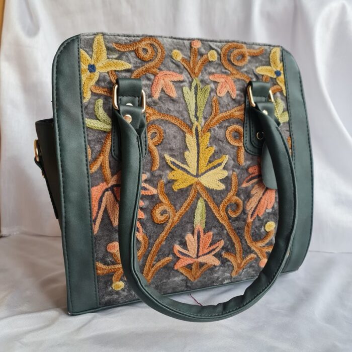 Grey Handwork Kashmiri Leather Handbag Cum Sling - Image 2