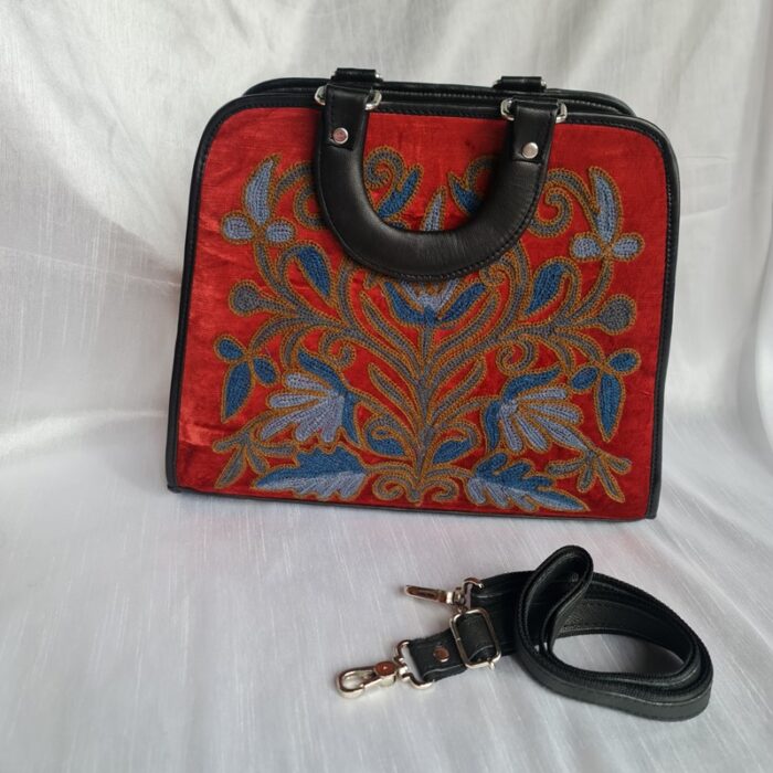 Black Kashmiri Leather with Crewel Work on Velvet Handbag Cum Sling