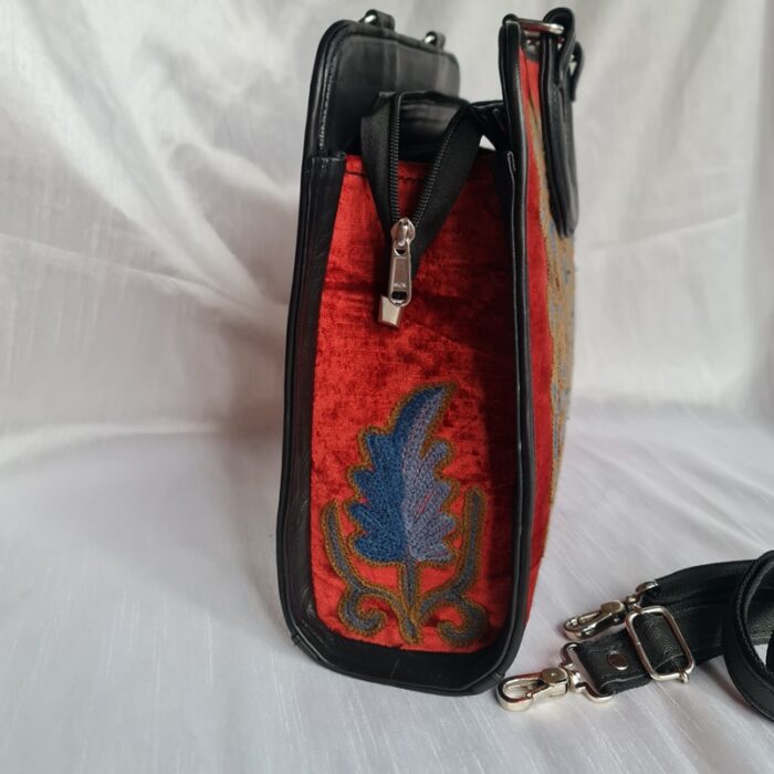 Black Kashmiri Leather with Crewel Work on Velvet Handbag Cum Sling - Image 2