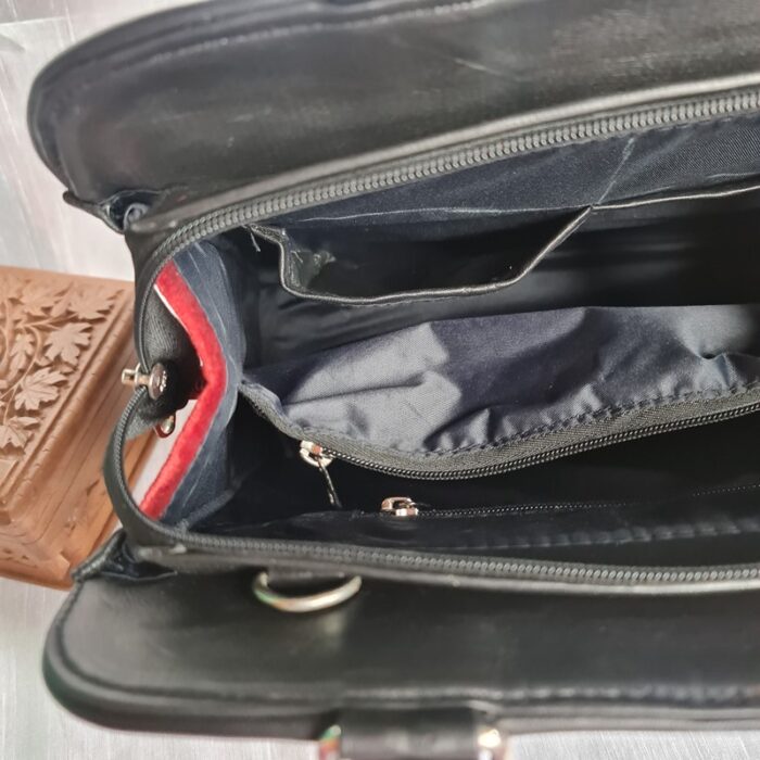 Black Kashmiri Leather with Crewel Work on Velvet Handbag Cum Sling - Image 3