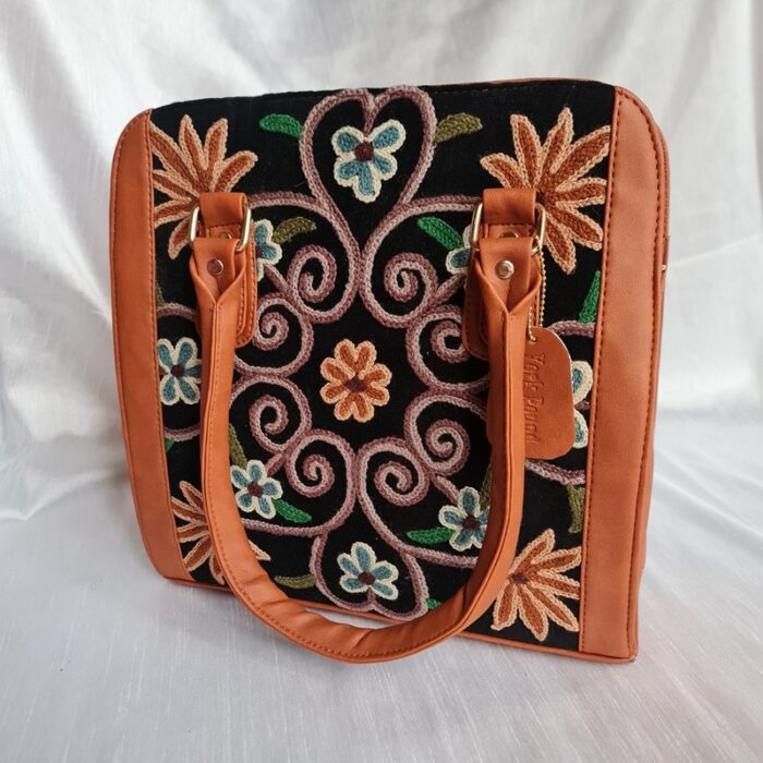 Brown Leather Black Base Handwork Handbag Cum Sling - Image 5