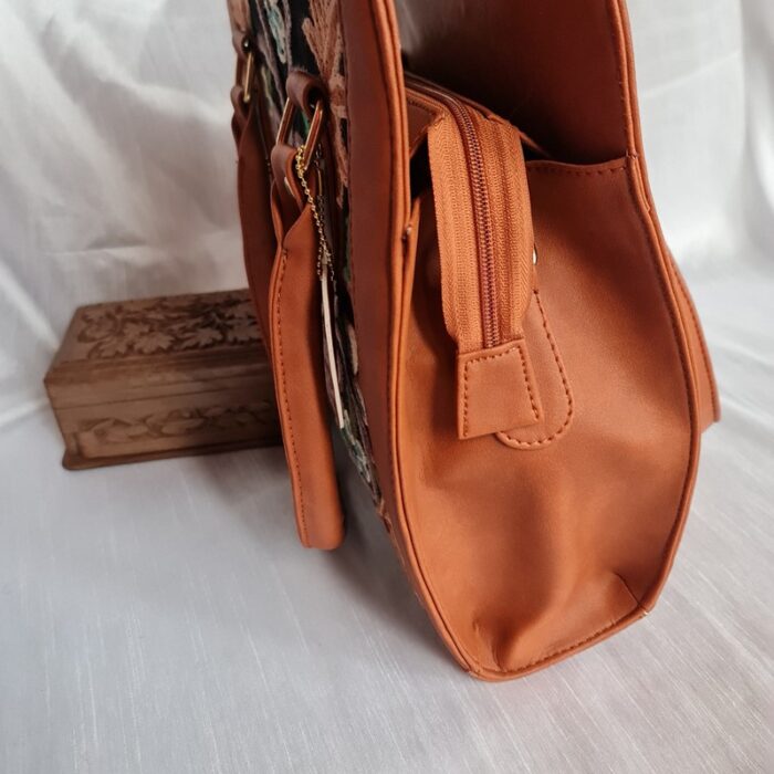 Brown Leather Black Base Handwork Handbag Cum Sling - Image 2