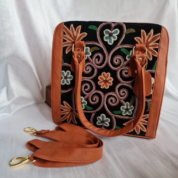 Brown Leather Black Base Handwork Handbag Cum Sling