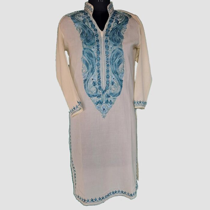 White Blue Summer Cool Aari Work Kurta with Collar - Image 2