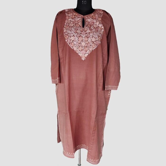 Rust Raffal Floral Aari Work Pheran - Image 2