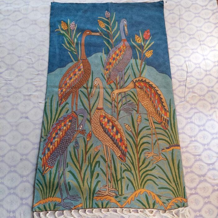 5x3 Hand Embroidered Cranes Wool Wall-Hanging