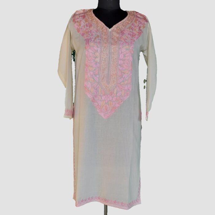 Pink White Summer Cool Aari Work Kurta - Image 2