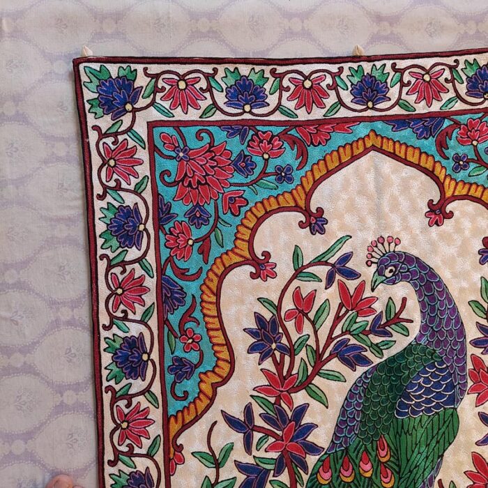 5x3 Silk Hand Embroidered Peacock Wall-Hanging - Image 3