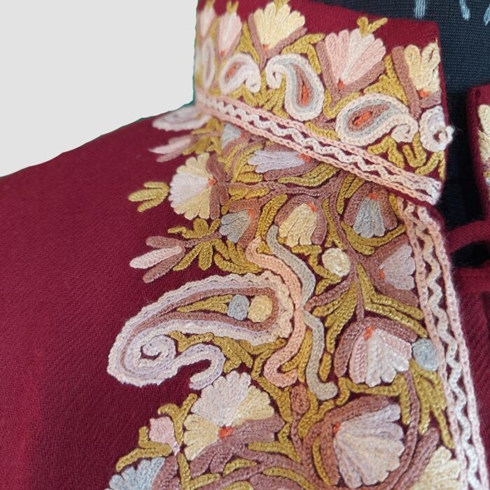 Maroon Semi Pashmina Kashmiri Jacket With Hand Aari Work - Image 4