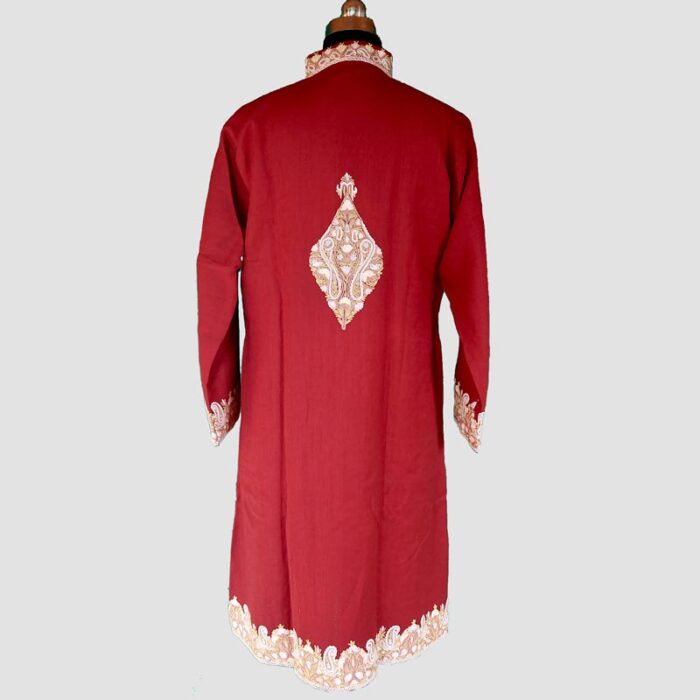 Maroon Semi Pashmina Kashmiri Jacket With Hand Aari Work - Image 3