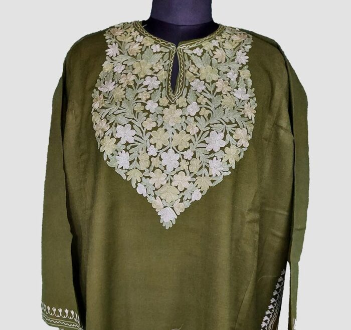 Mehni Green Raffal Floral Aari Work Pheran