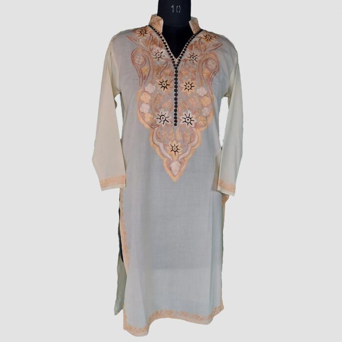 Light Yellow Summer Cool Aari Work Kurta - Image 2