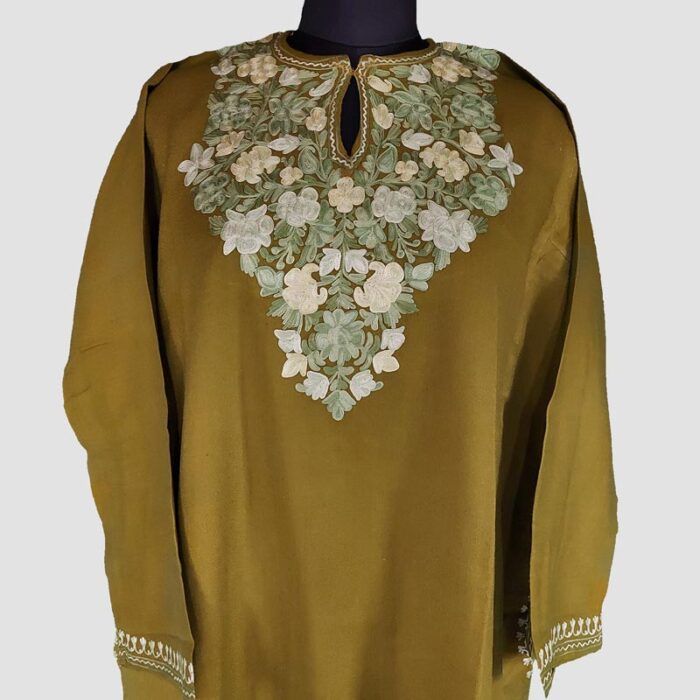 Olive Raffal Floral Aari Work Pheran