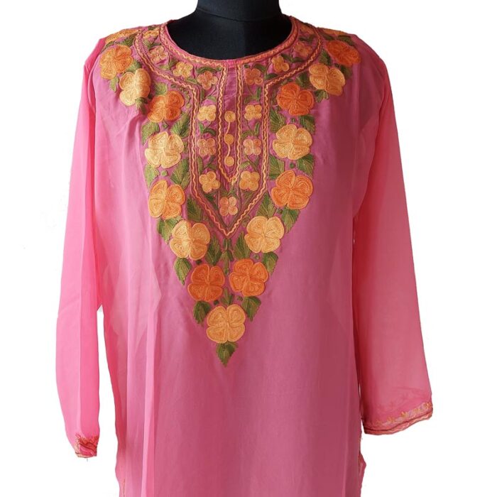 Pink Georgette Aari Work Kurta