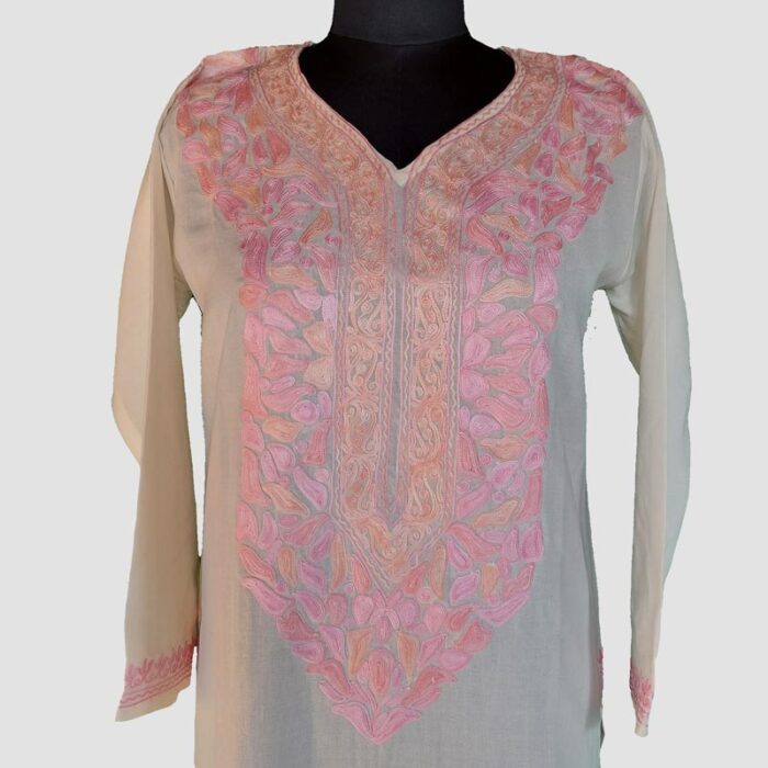 Pink White Summer Cool Aari Work Kurta