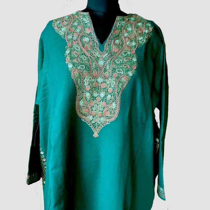 Green Raffal Hand Aari Work Pheran