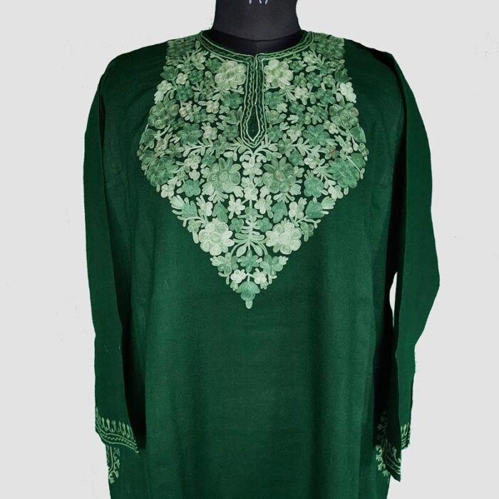 Dark Green Raffal Aari Work Pheran