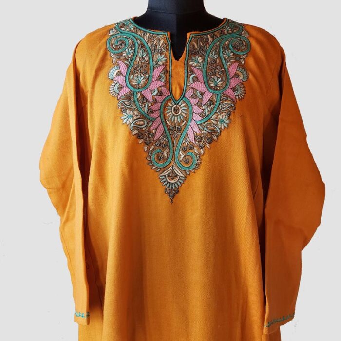 Mustard Raffal Needle Work Pheran