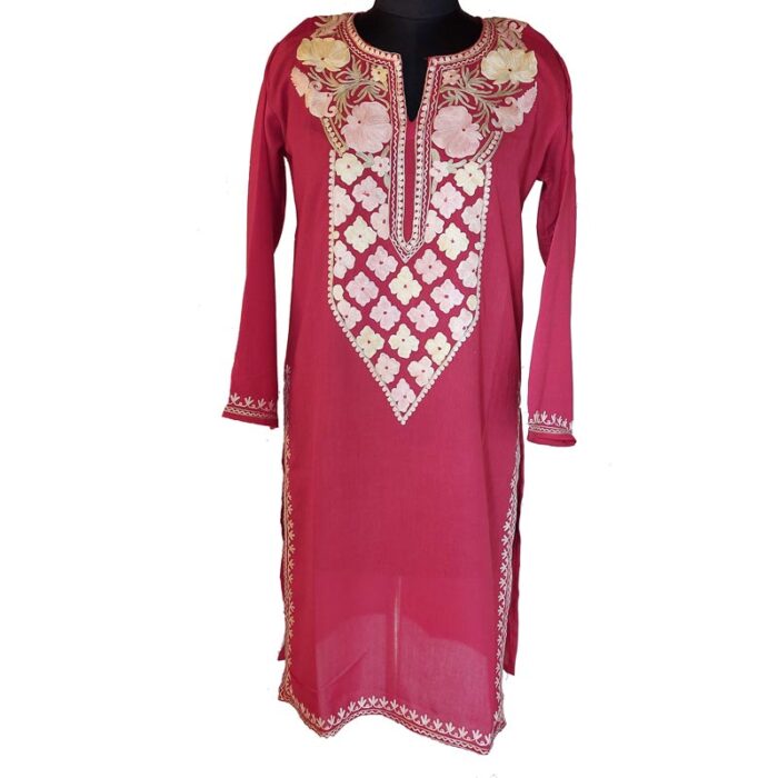 Red Floral Summer Cool Aari Work Kurta - Image 2