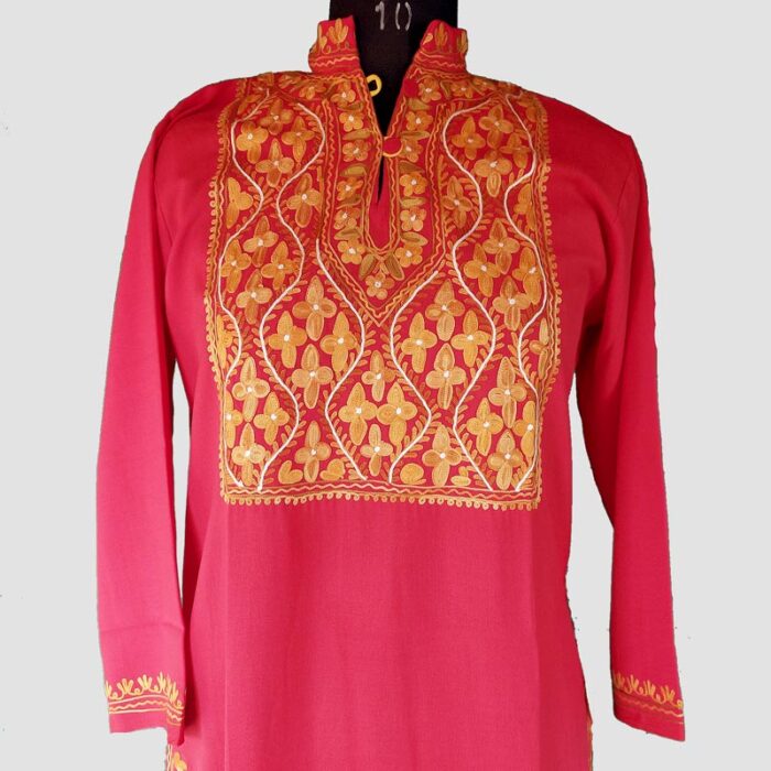 Red Summer Cool Aari Work Kurta with Collar