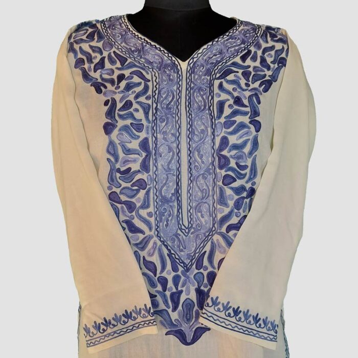 White Summer Cool Blue Aari Work Kurta