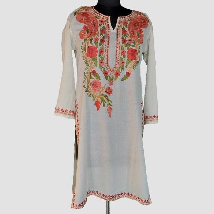 White Summer Cool Floral Aari Work Kurta - Image 2