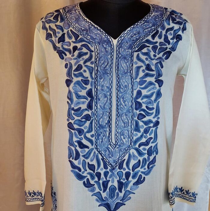 White Summer Cool Blue Aari Work Kurta - Image 4