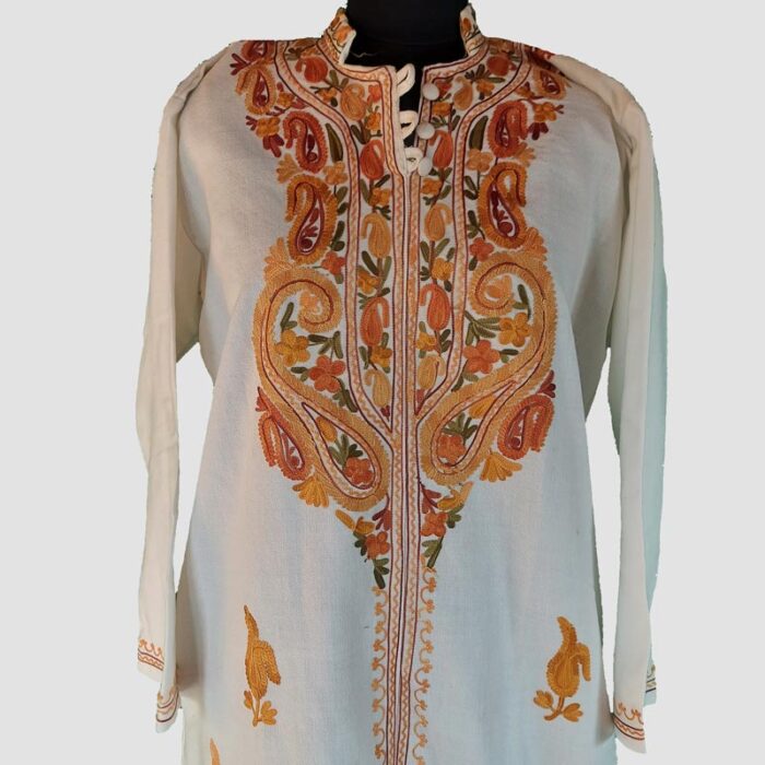 White Cashmilon Aari Emroidered Kurta with Collar