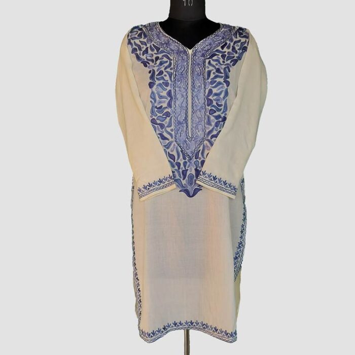 White Summer Cool Blue Aari Work Kurta - Image 2