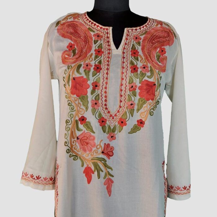White Summer Cool Floral Aari Work Kurta