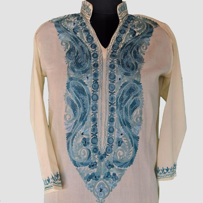White Blue Summer Cool Aari Work Kurta with Collar