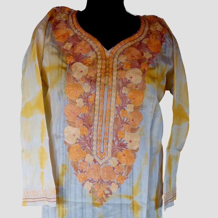 Silk Yelow Orange Aari Work Kurta