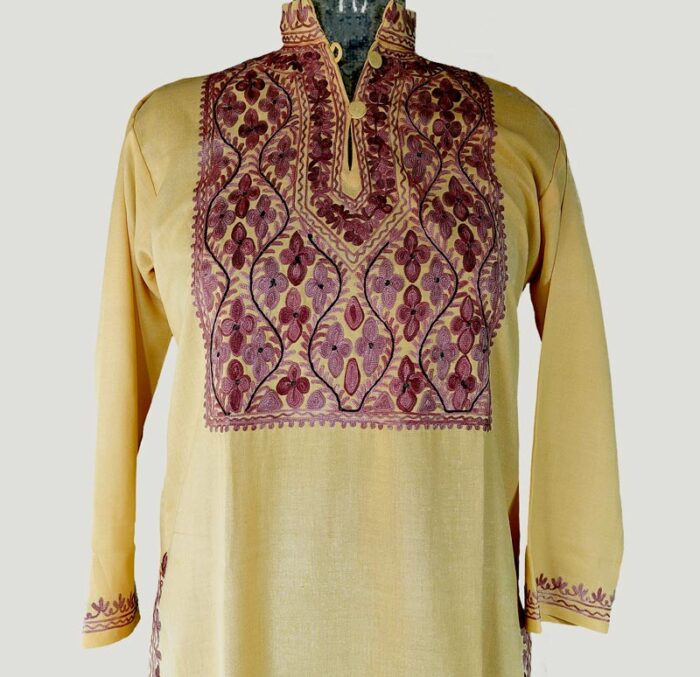 Light Yellow Summer Cool Multi Color Aari Work Kurta with Collar