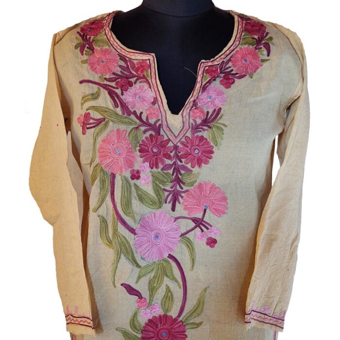 Light Yellow Crush Cotton Aari Work Kurta