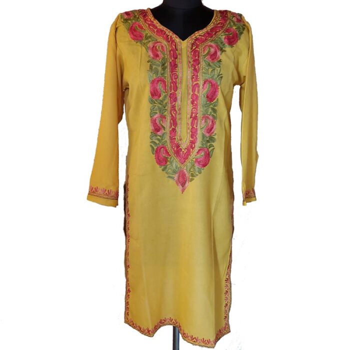 Yellow Floral Badami Summer Cool Aari Work Kurta - Image 2