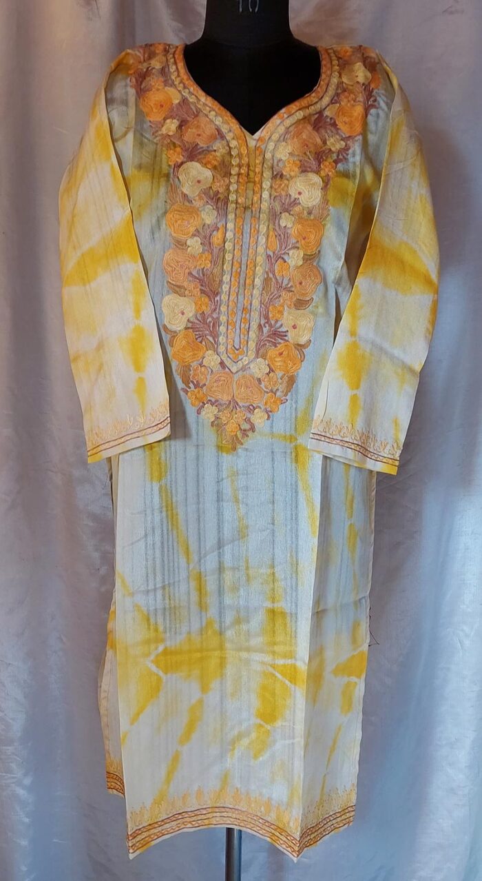 Silk Yelow Orange Aari Work Kurta - Image 2