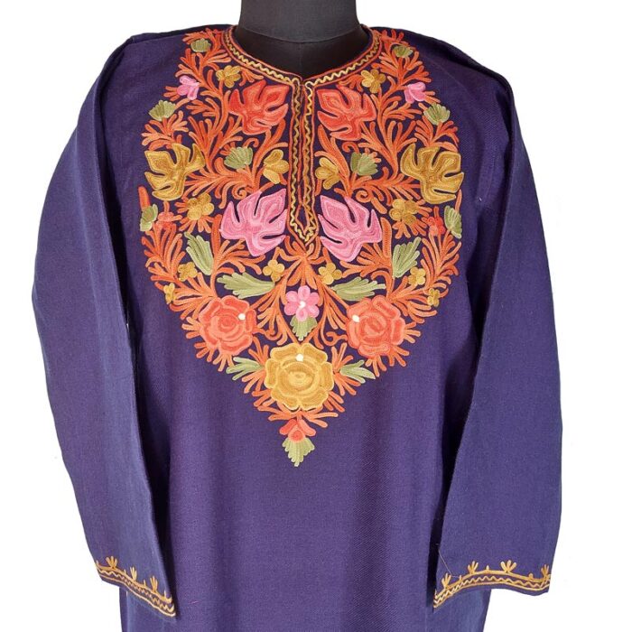 Dark Blue Cashmilon Pheran with Aari Work