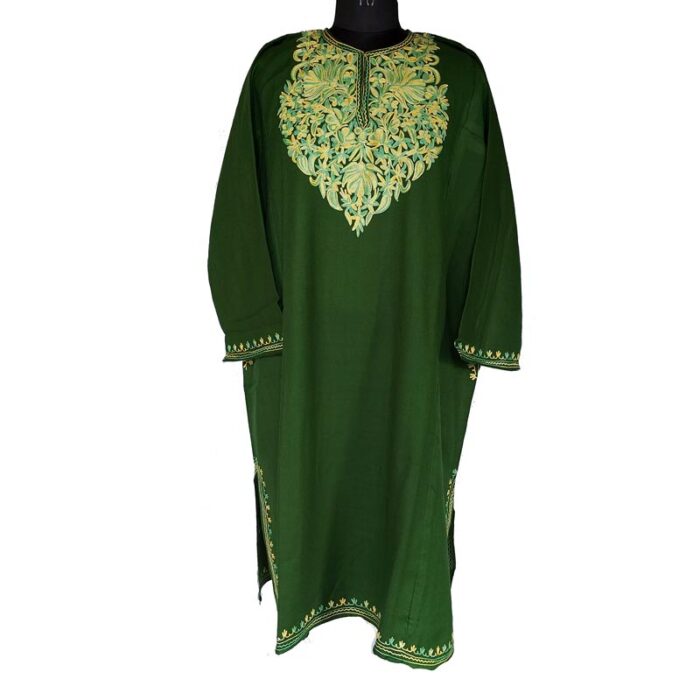 Green Cashmilon Pheran With Fine Aari Work - Image 2