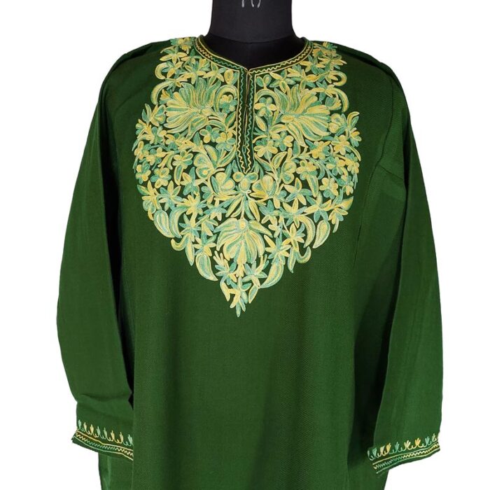Green Cashmilon Pheran With Fine Aari Work