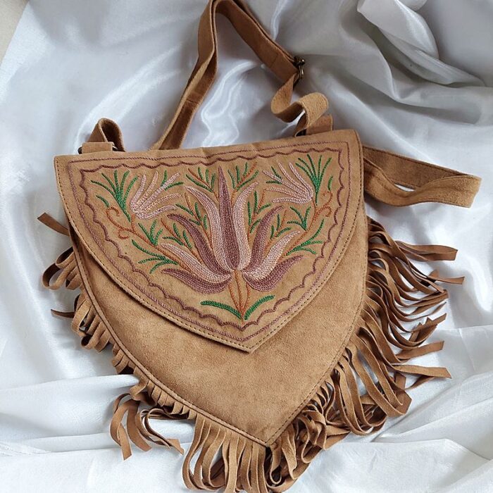 Brown Lotus Heart Shaped Bag With Aari Work