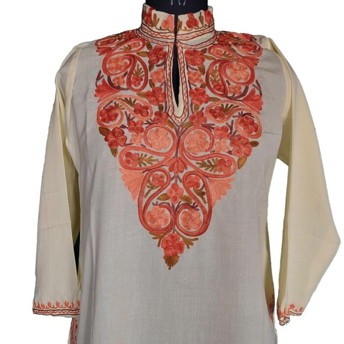 Light Yellow Floral Summer Cool Kashmiri Work kurta